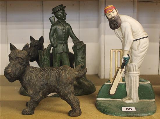 2 Scottie dog door stops, a cricketer and a hunter